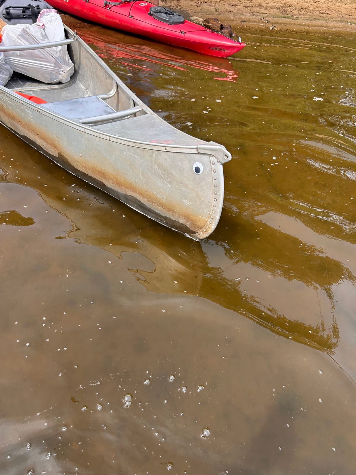 The bow of an aluminium canoe resting in shallow brown river water beside a red kayak