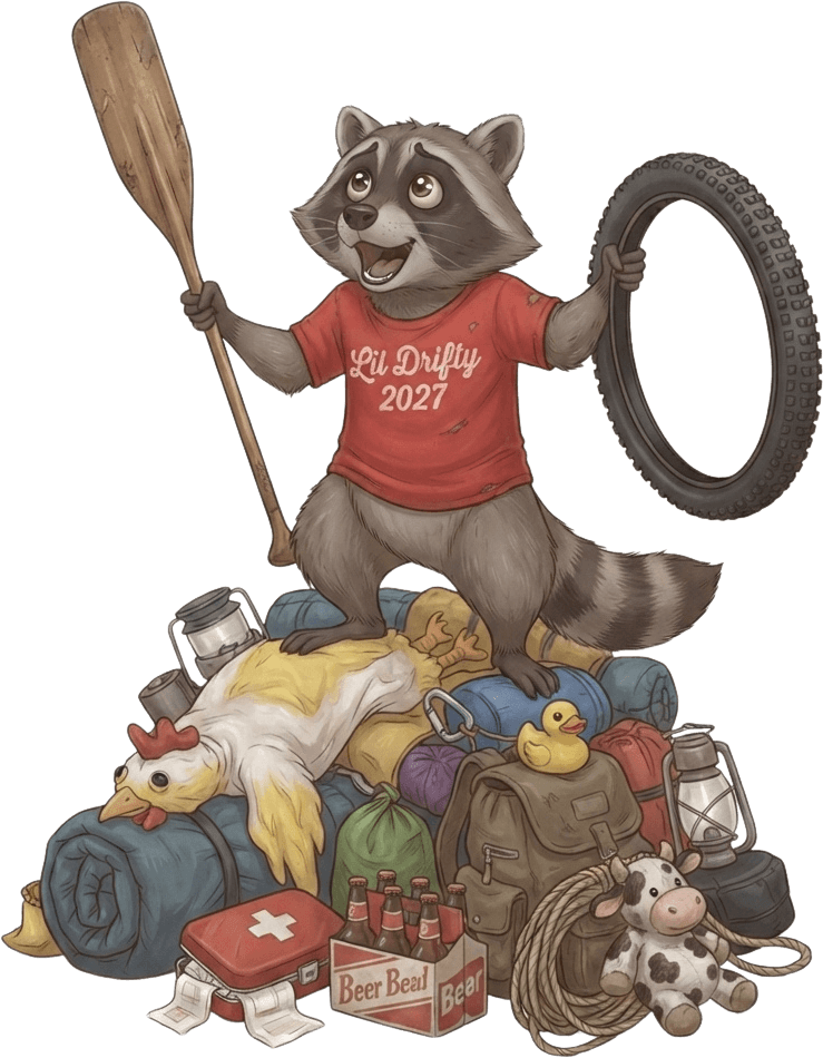A raccoon in a Lil' Drifty 2027 shirt holding up a paddle and a bike wheel, standing on a heap of camping gear