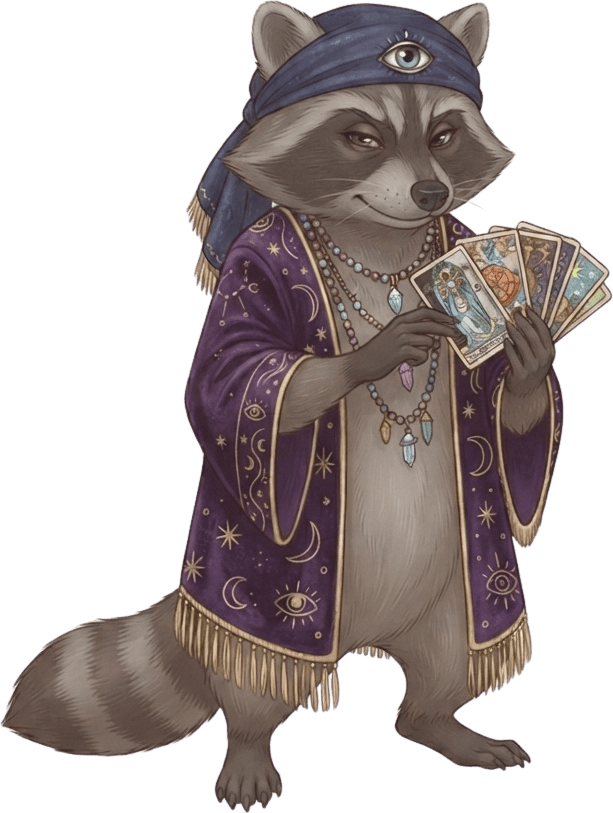 A raccoon fortune teller in a star-covered robe, fanning out a hand of tarot cards
