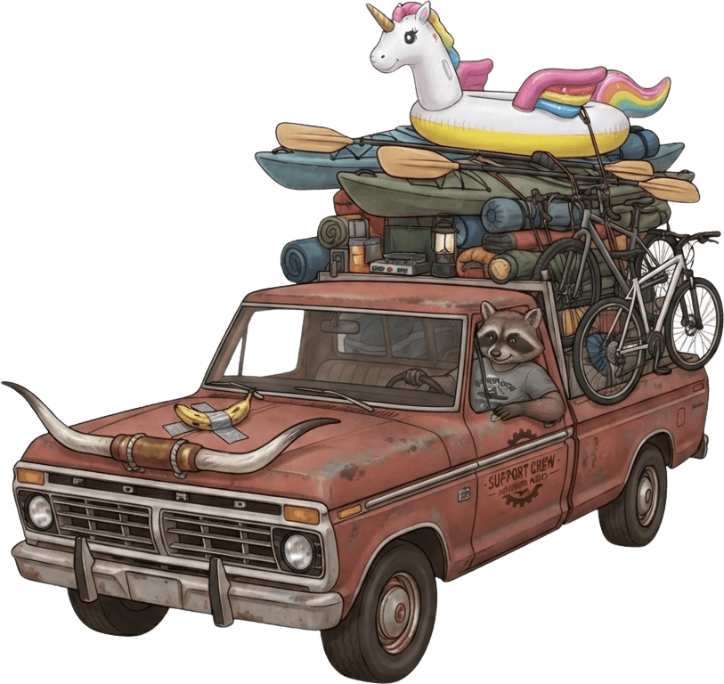 A raccoon driving a pickup truck loaded with kayaks, bikes, camping gear and an inflatable unicorn floatie